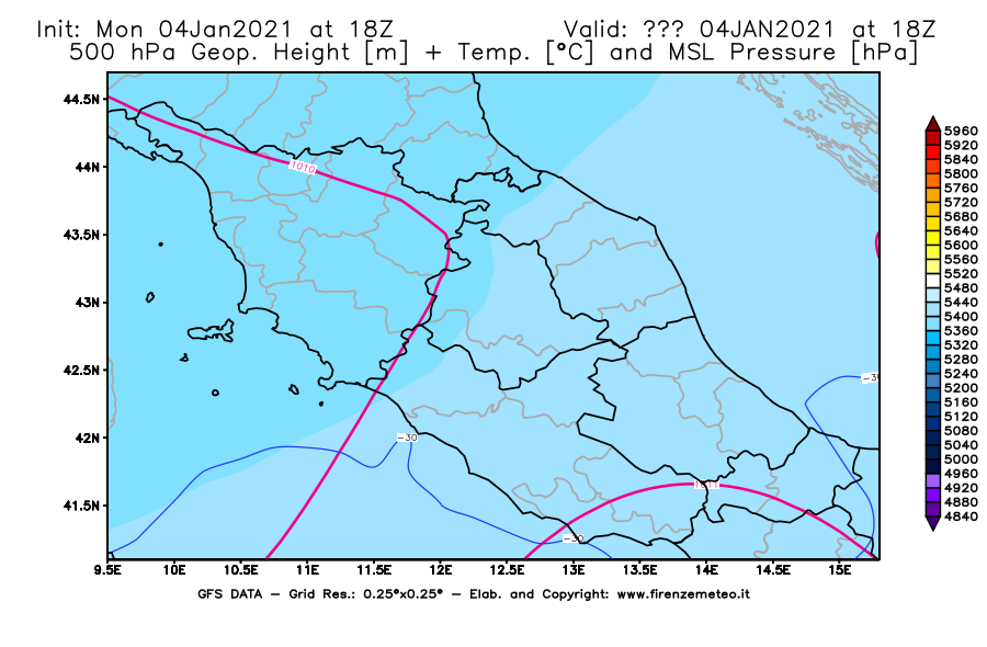 Mappa di analisi GFS - Geopotenziale [m] + Temp. [°C] a 500 hPa + Press. a livello del mare [hPa] in Centro-Italia
									del 04/01/2021 18 <!--googleoff: index-->UTC<!--googleon: index-->