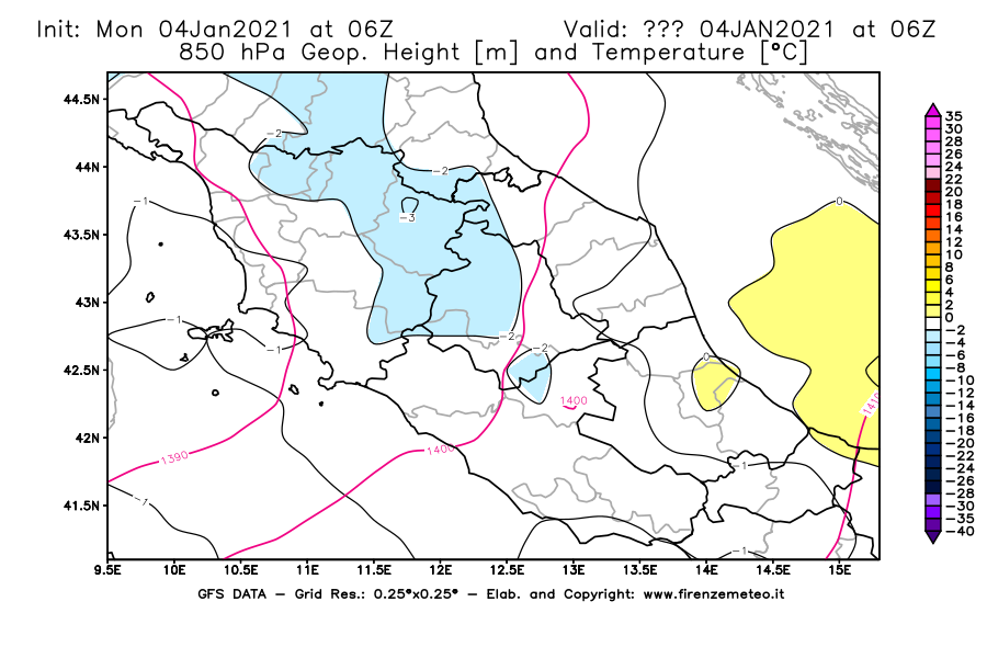 Mappa di analisi GFS - Geopotenziale [m] e Temperatura [°C] a 850 hPa in Centro-Italia
							del 04/01/2021 06 <!--googleoff: index-->UTC<!--googleon: index-->