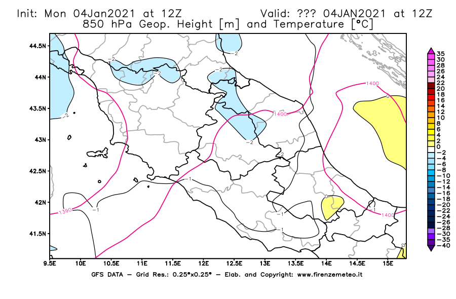 Mappa di analisi GFS - Geopotenziale [m] e Temperatura [°C] a 850 hPa in Centro-Italia
							del 04/01/2021 12 <!--googleoff: index-->UTC<!--googleon: index-->