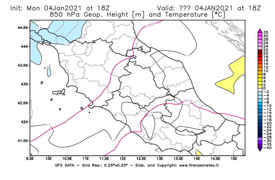 Mappa di analisi GFS - Geopotenziale [m] e Temperatura [°C] a 850 hPa in Centro-Italia
									del 04/01/2021 18 <!--googleoff: index-->UTC<!--googleon: index-->