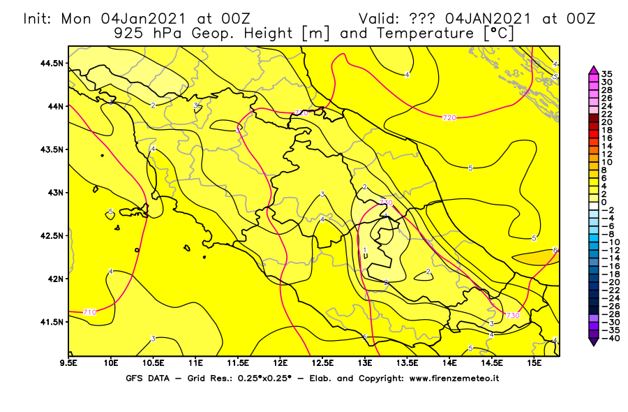 Mappa di analisi GFS - Geopotenziale [m] e Temperatura [°C] a 925 hPa in Centro-Italia
									del 04/01/2021 00 <!--googleoff: index-->UTC<!--googleon: index-->