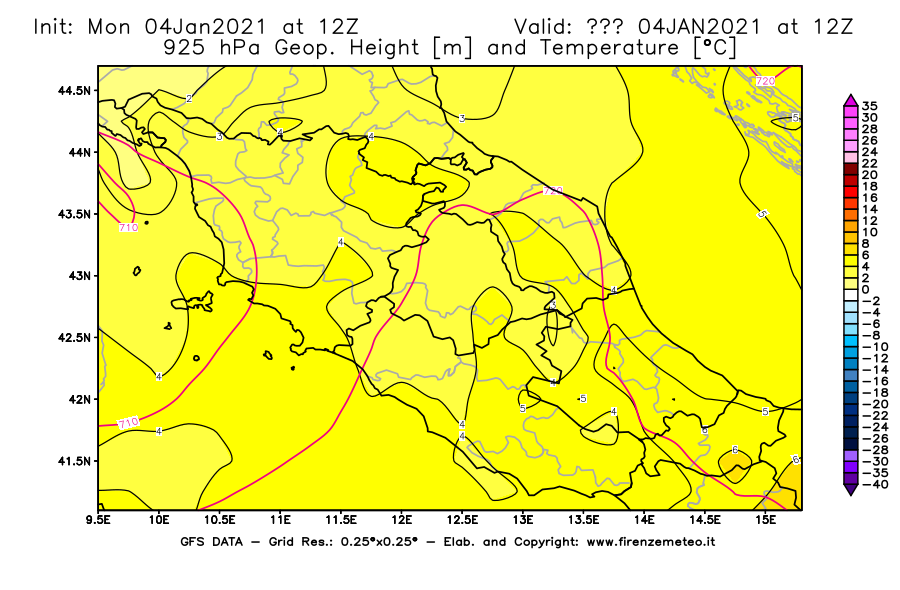 Mappa di analisi GFS - Geopotenziale [m] e Temperatura [°C] a 925 hPa in Centro-Italia
							del 04/01/2021 12 <!--googleoff: index-->UTC<!--googleon: index-->