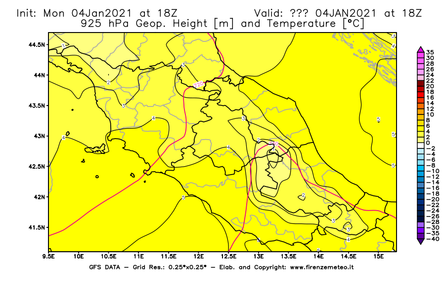 Mappa di analisi GFS - Geopotenziale [m] e Temperatura [°C] a 925 hPa in Centro-Italia
							del 04/01/2021 18 <!--googleoff: index-->UTC<!--googleon: index-->