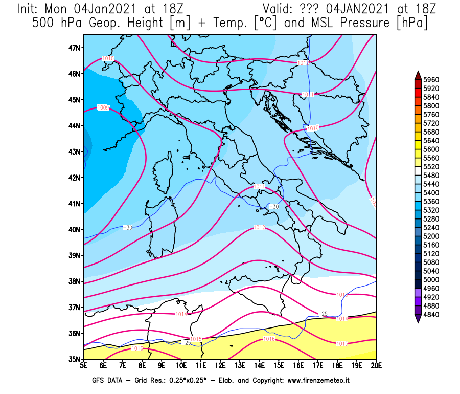 Mappa di analisi GFS - Geopotenziale [m] + Temp. [°C] a 500 hPa + Press. a livello del mare [hPa] in Italia
							del 04/01/2021 18 <!--googleoff: index-->UTC<!--googleon: index-->