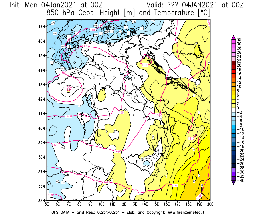 Mappa di analisi GFS - Geopotenziale [m] e Temperatura [°C] a 850 hPa in Italia
									del 04/01/2021 00 <!--googleoff: index-->UTC<!--googleon: index-->
