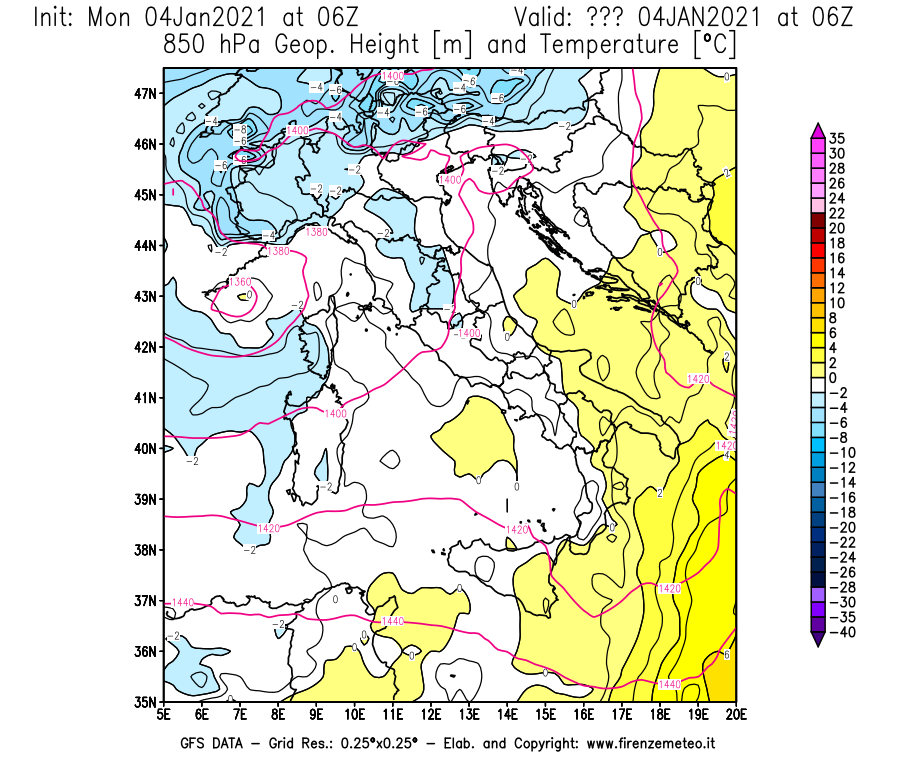 Mappa di analisi GFS - Geopotenziale [m] e Temperatura [°C] a 850 hPa in Italia
							del 04/01/2021 06 <!--googleoff: index-->UTC<!--googleon: index-->