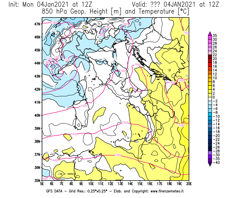 Mappa di analisi GFS - Geopotenziale [m] e Temperatura [°C] a 850 hPa in Italia
							del 04/01/2021 12 <!--googleoff: index-->UTC<!--googleon: index-->