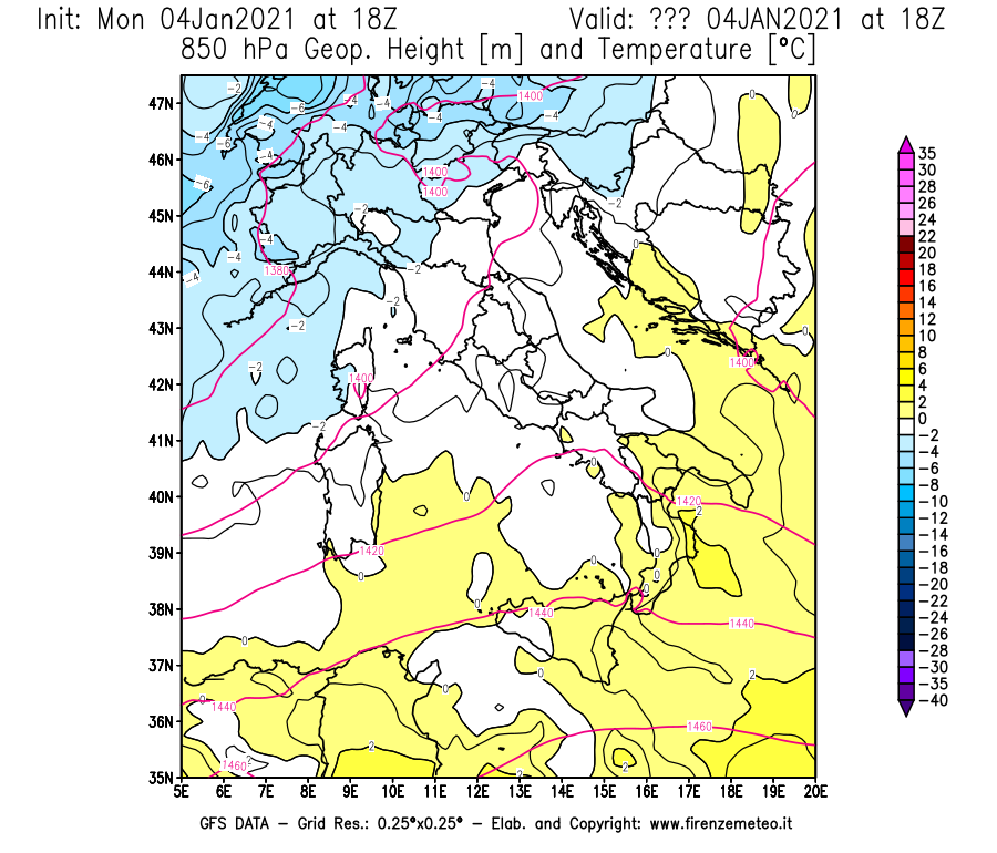 Mappa di analisi GFS - Geopotenziale [m] e Temperatura [°C] a 850 hPa in Italia
									del 04/01/2021 18 <!--googleoff: index-->UTC<!--googleon: index-->