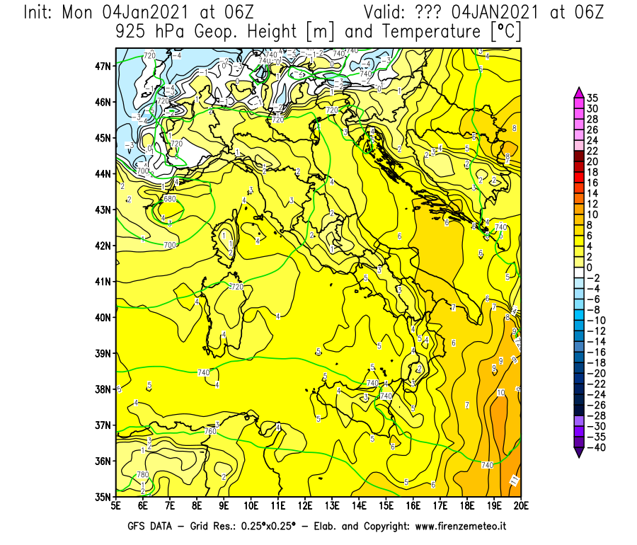 Mappa di analisi GFS - Geopotenziale [m] e Temperatura [°C] a 925 hPa in Italia
									del 04/01/2021 06 <!--googleoff: index-->UTC<!--googleon: index-->