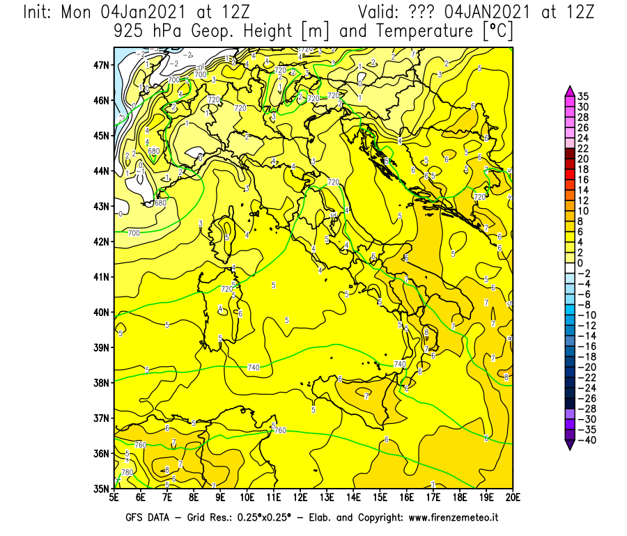 Mappa di analisi GFS - Geopotenziale [m] e Temperatura [°C] a 925 hPa in Italia
							del 04/01/2021 12 <!--googleoff: index-->UTC<!--googleon: index-->