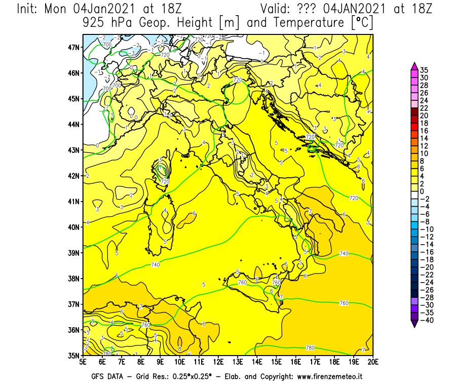 Mappa di analisi GFS - Geopotenziale [m] e Temperatura [°C] a 925 hPa in Italia
									del 04/01/2021 18 <!--googleoff: index-->UTC<!--googleon: index-->
