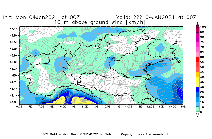 Mappa di analisi GFS - Velocità del vento a 10 metri dal suolo [km/h] in Nord-Italia
							del 04/01/2021 00 <!--googleoff: index-->UTC<!--googleon: index-->