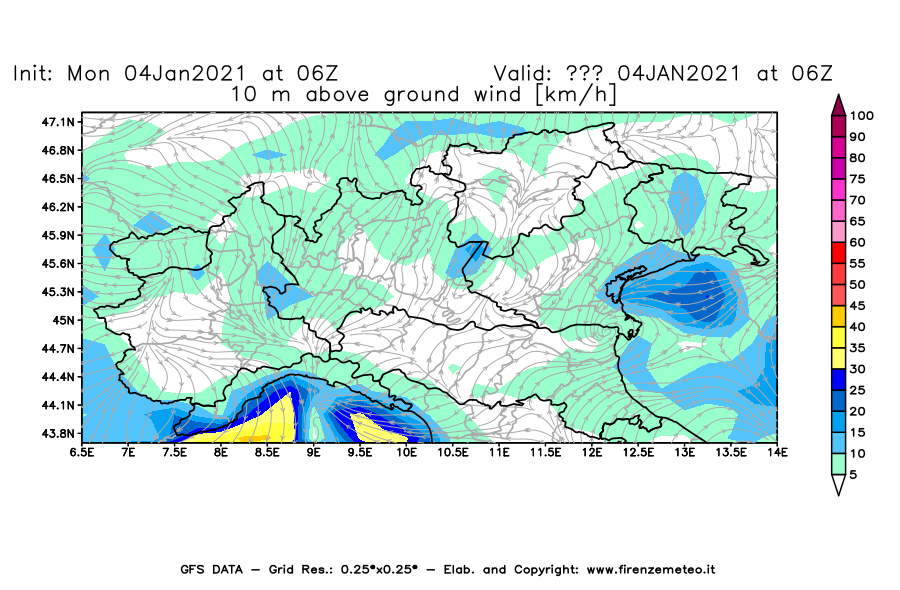 Mappa di analisi GFS - Velocità del vento a 10 metri dal suolo [km/h] in Nord-Italia
							del 04/01/2021 06 <!--googleoff: index-->UTC<!--googleon: index-->