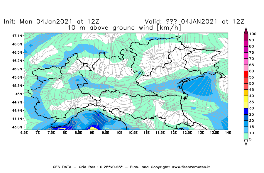 Mappa di analisi GFS - Velocità del vento a 10 metri dal suolo [km/h] in Nord-Italia
							del 04/01/2021 12 <!--googleoff: index-->UTC<!--googleon: index-->