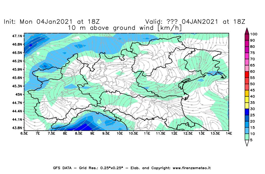 Mappa di analisi GFS - Velocità del vento a 10 metri dal suolo [km/h] in Nord-Italia
									del 04/01/2021 18 <!--googleoff: index-->UTC<!--googleon: index-->