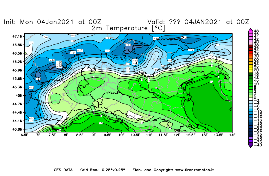 Mappa di analisi GFS - Temperatura a 2 metri dal suolo [°C] in Nord-Italia
							del 04/01/2021 00 <!--googleoff: index-->UTC<!--googleon: index-->