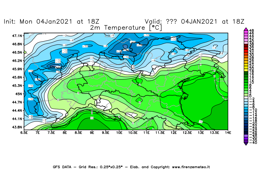 Mappa di analisi GFS - Temperatura a 2 metri dal suolo [°C] in Nord-Italia
									del 04/01/2021 18 <!--googleoff: index-->UTC<!--googleon: index-->