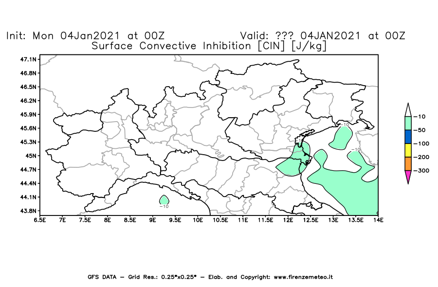 Mappa di analisi GFS - CIN [J/kg] in Nord-Italia
							del 04/01/2021 00 <!--googleoff: index-->UTC<!--googleon: index-->