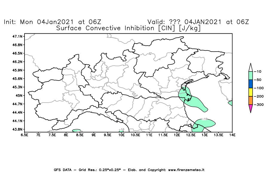 Mappa di analisi GFS - CIN [J/kg] in Nord-Italia
							del 04/01/2021 06 <!--googleoff: index-->UTC<!--googleon: index-->
