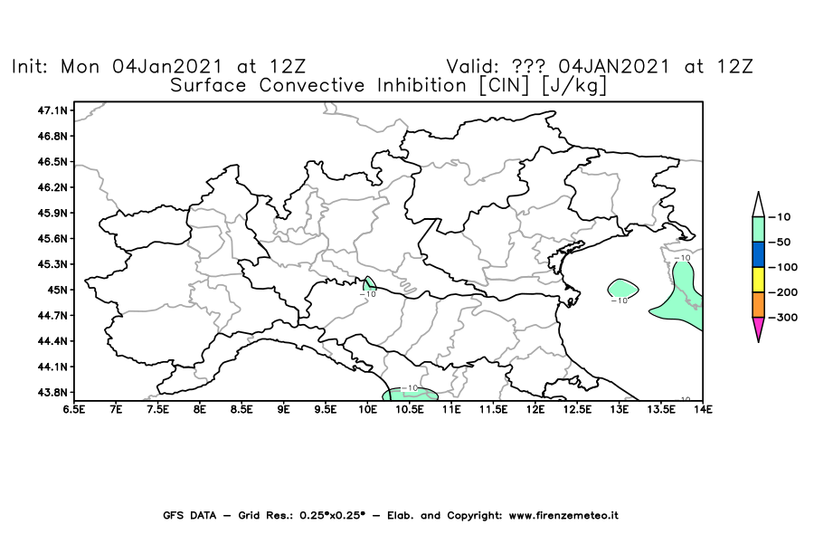 Mappa di analisi GFS - CIN [J/kg] in Nord-Italia
							del 04/01/2021 12 <!--googleoff: index-->UTC<!--googleon: index-->