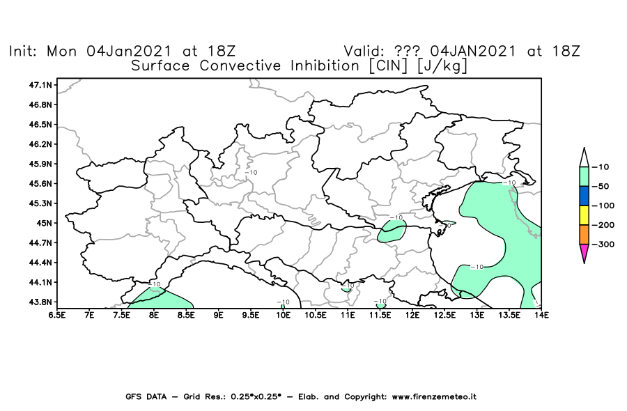 Mappa di analisi GFS - CIN [J/kg] in Nord-Italia
							del 04/01/2021 18 <!--googleoff: index-->UTC<!--googleon: index-->