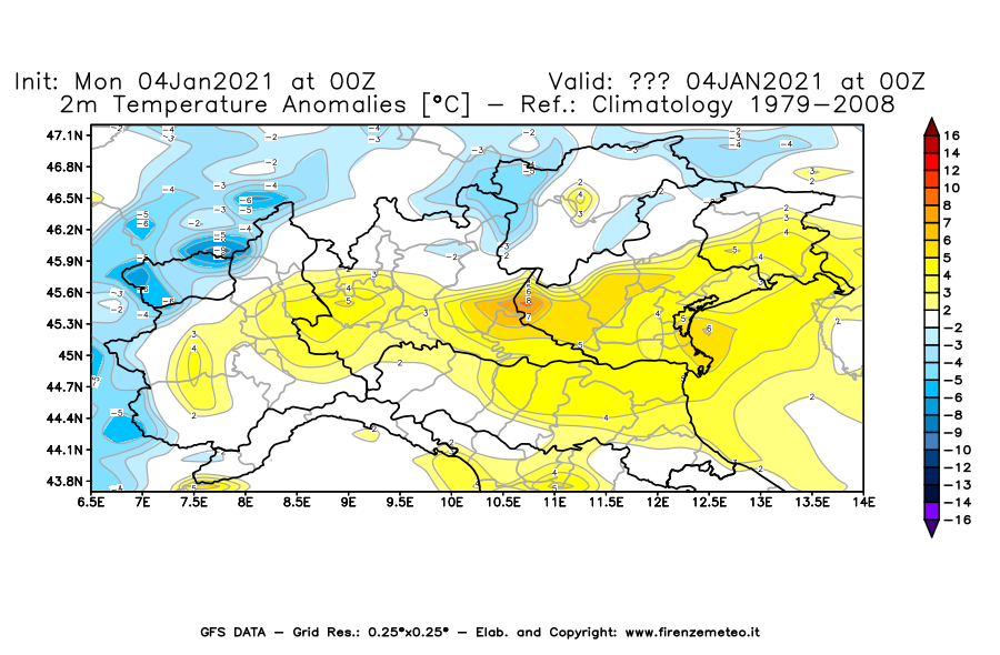 Mappa di analisi GFS - Anomalia Temperatura [°C] a 2 m in Nord-Italia
									del 04/01/2021 00 <!--googleoff: index-->UTC<!--googleon: index-->