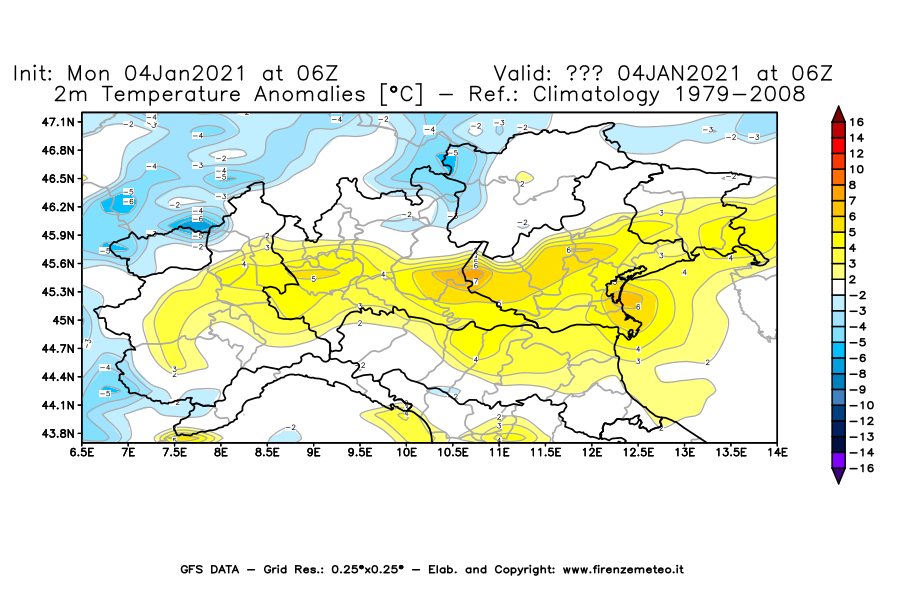 Mappa di analisi GFS - Anomalia Temperatura [°C] a 2 m in Nord-Italia
									del 04/01/2021 06 <!--googleoff: index-->UTC<!--googleon: index-->