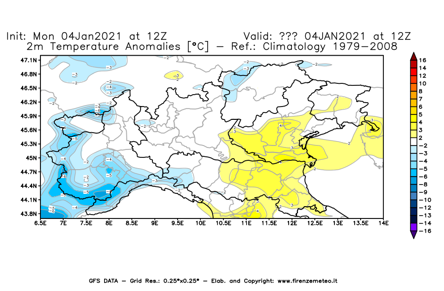 Mappa di analisi GFS - Anomalia Temperatura [°C] a 2 m in Nord-Italia
							del 04/01/2021 12 <!--googleoff: index-->UTC<!--googleon: index-->
