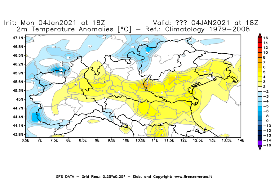 Mappa di analisi GFS - Anomalia Temperatura [°C] a 2 m in Nord-Italia
							del 04/01/2021 18 <!--googleoff: index-->UTC<!--googleon: index-->