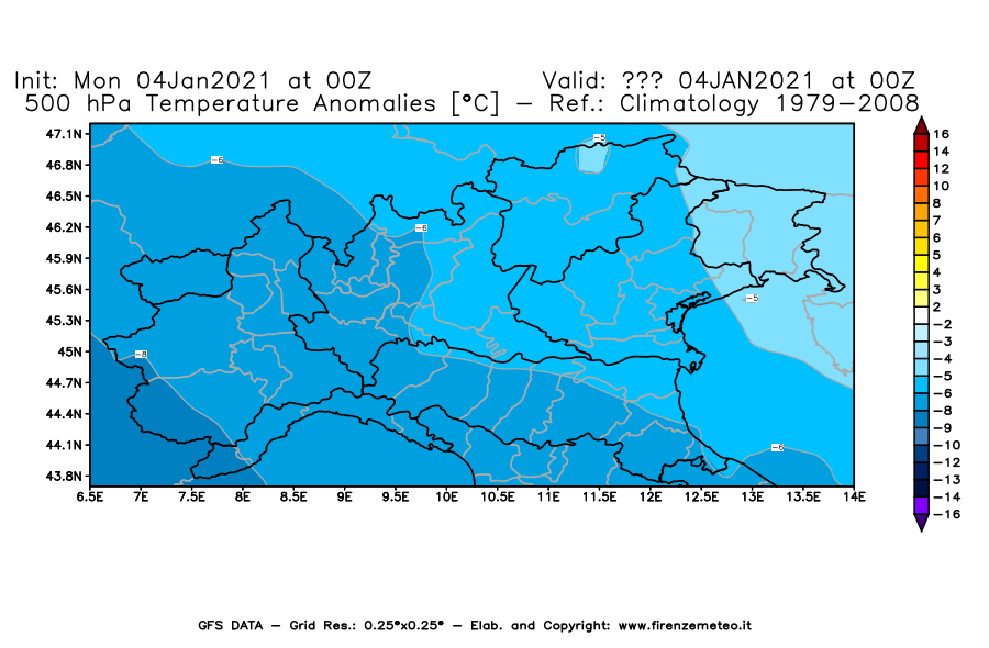 Mappa di analisi GFS - Anomalia Temperatura [°C] a 500 hPa in Nord-Italia
							del 04/01/2021 00 <!--googleoff: index-->UTC<!--googleon: index-->