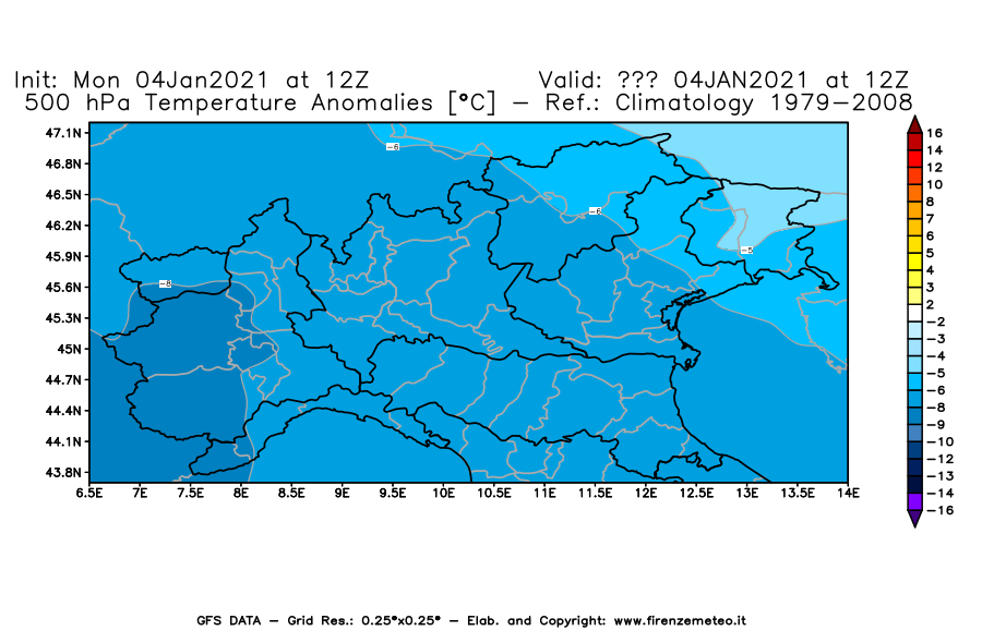 Mappa di analisi GFS - Anomalia Temperatura [°C] a 500 hPa in Nord-Italia
									del 04/01/2021 12 <!--googleoff: index-->UTC<!--googleon: index-->