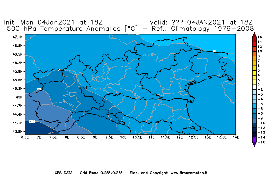 Mappa di analisi GFS - Anomalia Temperatura [°C] a 500 hPa in Nord-Italia
							del 04/01/2021 18 <!--googleoff: index-->UTC<!--googleon: index-->