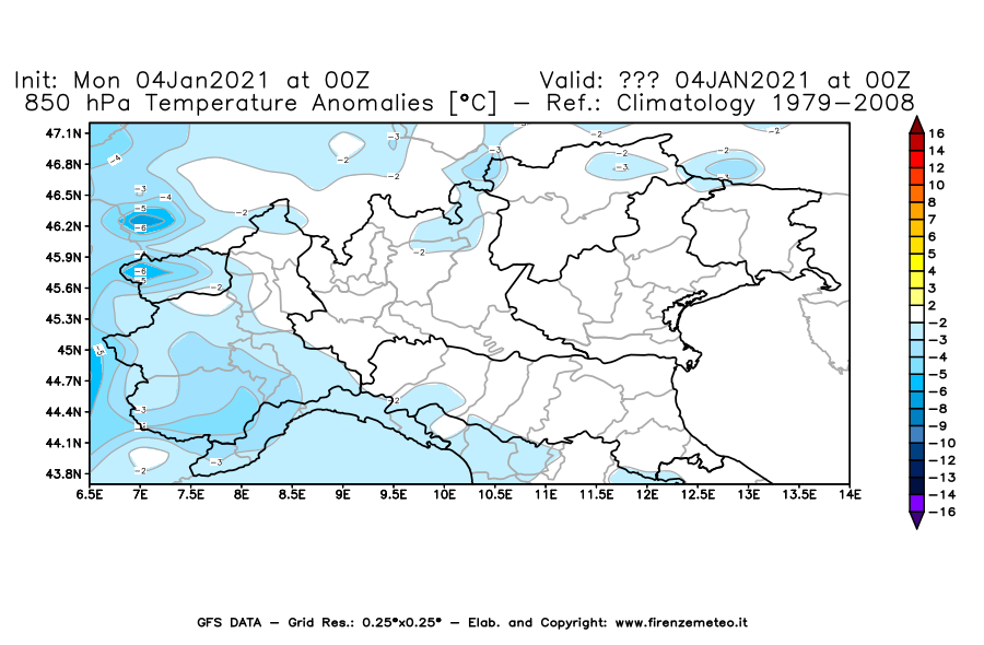 Mappa di analisi GFS - Anomalia Temperatura [°C] a 850 hPa in Nord-Italia
									del 04/01/2021 00 <!--googleoff: index-->UTC<!--googleon: index-->