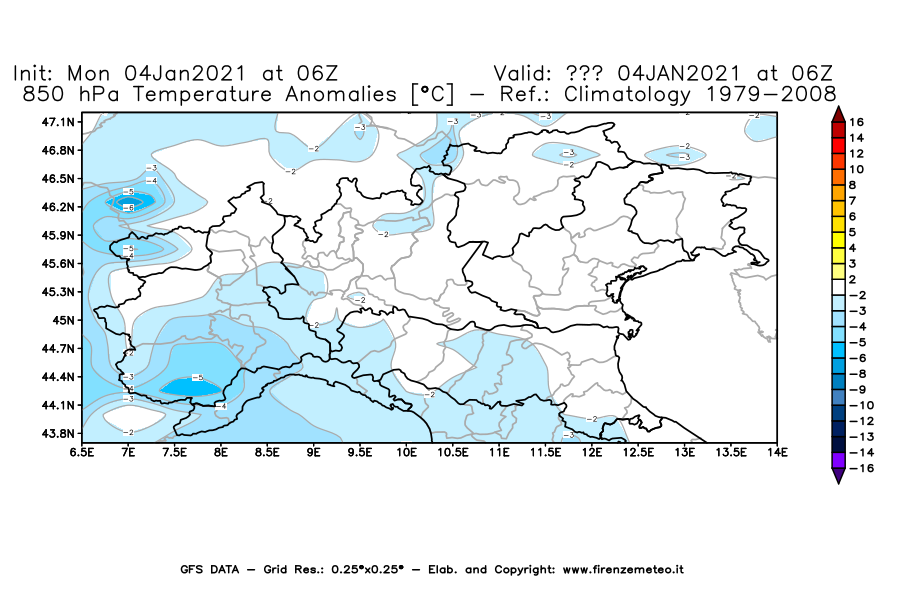Mappa di analisi GFS - Anomalia Temperatura [°C] a 850 hPa in Nord-Italia
							del 04/01/2021 06 <!--googleoff: index-->UTC<!--googleon: index-->