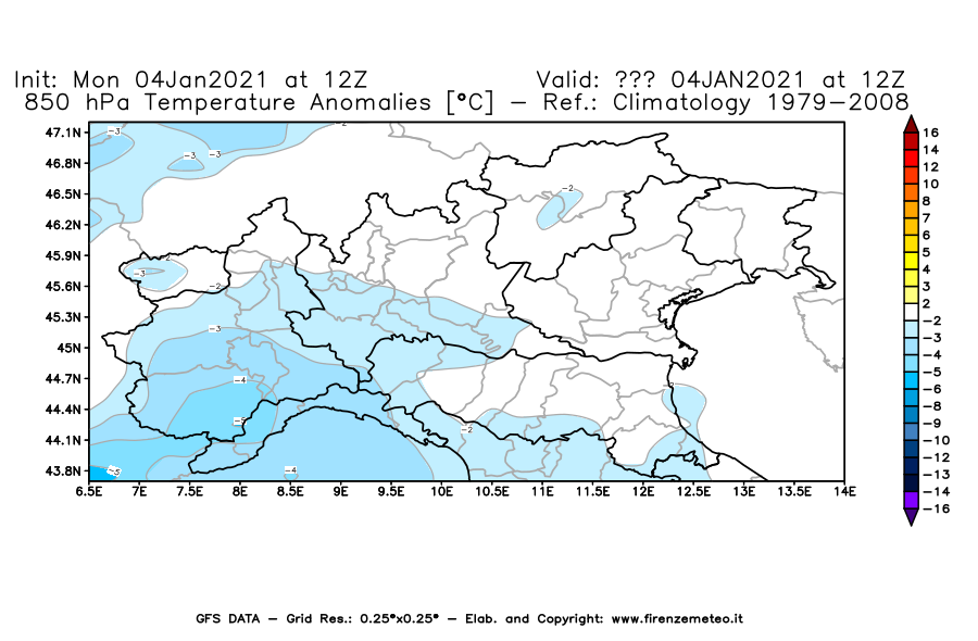 Mappa di analisi GFS - Anomalia Temperatura [°C] a 850 hPa in Nord-Italia
									del 04/01/2021 12 <!--googleoff: index-->UTC<!--googleon: index-->