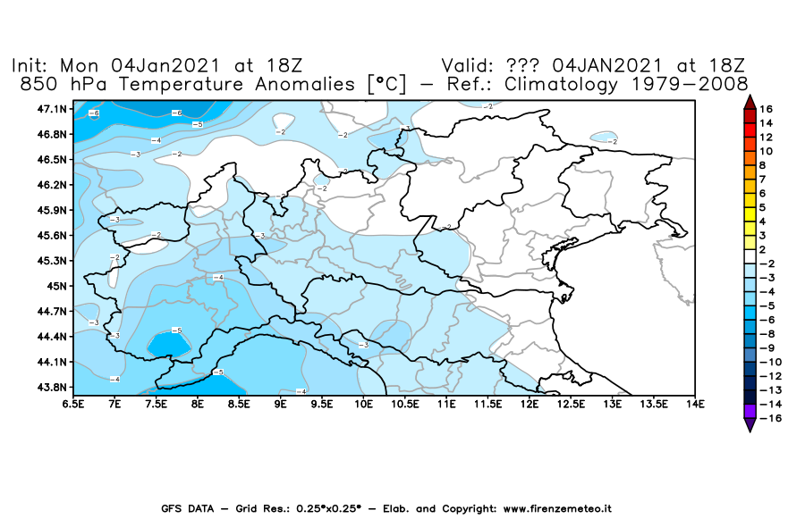 Mappa di analisi GFS - Anomalia Temperatura [°C] a 850 hPa in Nord-Italia
									del 04/01/2021 18 <!--googleoff: index-->UTC<!--googleon: index-->