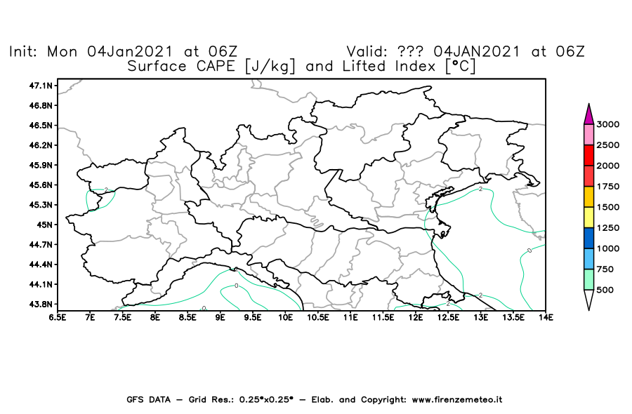 Mappa di analisi GFS - CAPE [J/kg] e Lifted Index [°C] in Nord-Italia
							del 04/01/2021 06 <!--googleoff: index-->UTC<!--googleon: index-->