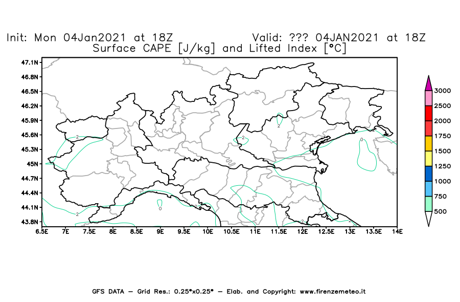 Mappa di analisi GFS - CAPE [J/kg] e Lifted Index [°C] in Nord-Italia
									del 04/01/2021 18 <!--googleoff: index-->UTC<!--googleon: index-->