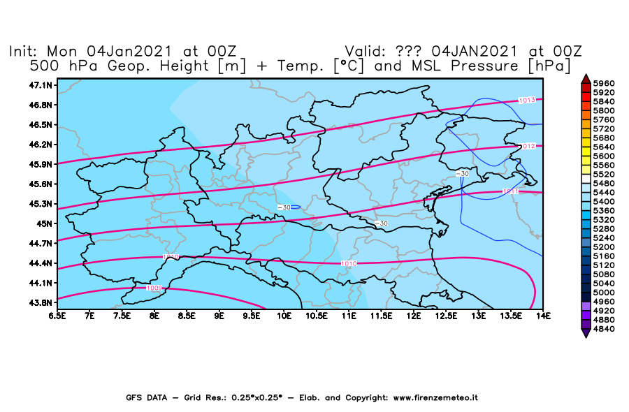 Mappa di analisi GFS - Geopotenziale [m] + Temp. [°C] a 500 hPa + Press. a livello del mare [hPa] in Nord-Italia
							del 04/01/2021 00 <!--googleoff: index-->UTC<!--googleon: index-->