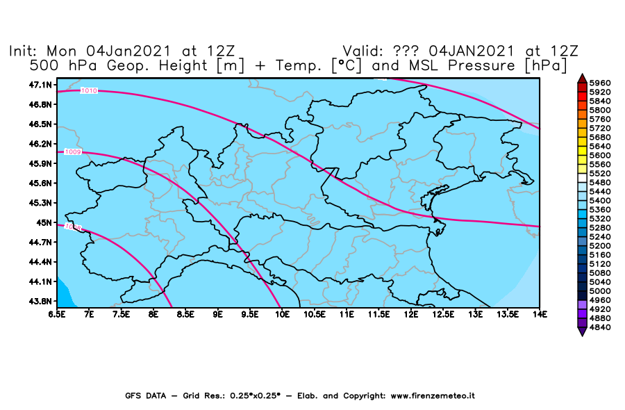Mappa di analisi GFS - Geopotenziale [m] + Temp. [°C] a 500 hPa + Press. a livello del mare [hPa] in Nord-Italia
							del 04/01/2021 12 <!--googleoff: index-->UTC<!--googleon: index-->