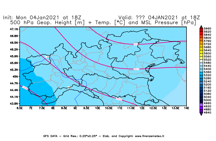 Mappa di analisi GFS - Geopotenziale [m] + Temp. [°C] a 500 hPa + Press. a livello del mare [hPa] in Nord-Italia
							del 04/01/2021 18 <!--googleoff: index-->UTC<!--googleon: index-->