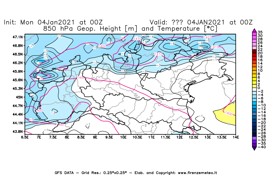 Mappa di analisi GFS - Geopotenziale [m] e Temperatura [°C] a 850 hPa in Nord-Italia
									del 04/01/2021 00 <!--googleoff: index-->UTC<!--googleon: index-->