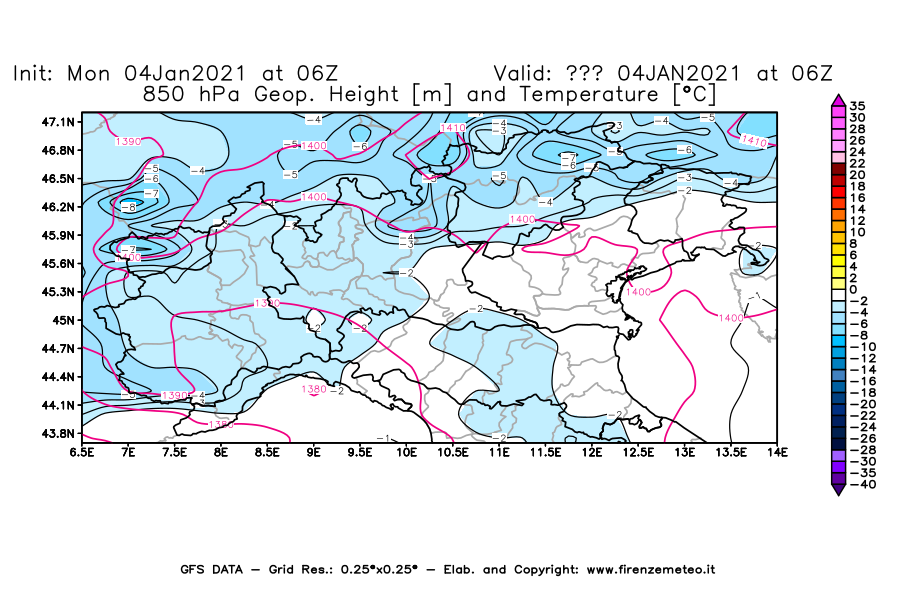 Mappa di analisi GFS - Geopotenziale [m] e Temperatura [°C] a 850 hPa in Nord-Italia
									del 04/01/2021 06 <!--googleoff: index-->UTC<!--googleon: index-->