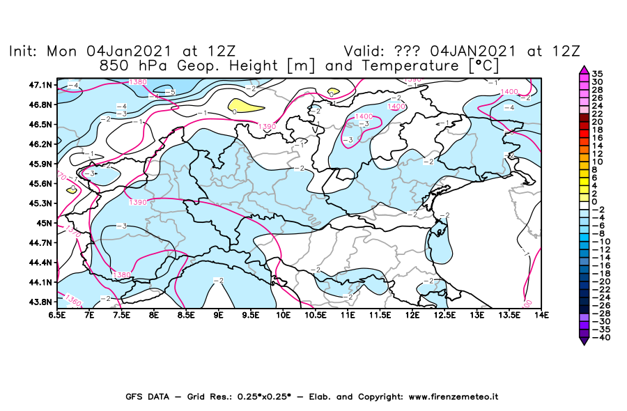 Mappa di analisi GFS - Geopotenziale [m] e Temperatura [°C] a 850 hPa in Nord-Italia
							del 04/01/2021 12 <!--googleoff: index-->UTC<!--googleon: index-->