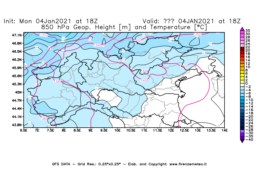 Mappa di analisi GFS - Geopotenziale [m] e Temperatura [°C] a 850 hPa in Nord-Italia
									del 04/01/2021 18 <!--googleoff: index-->UTC<!--googleon: index-->