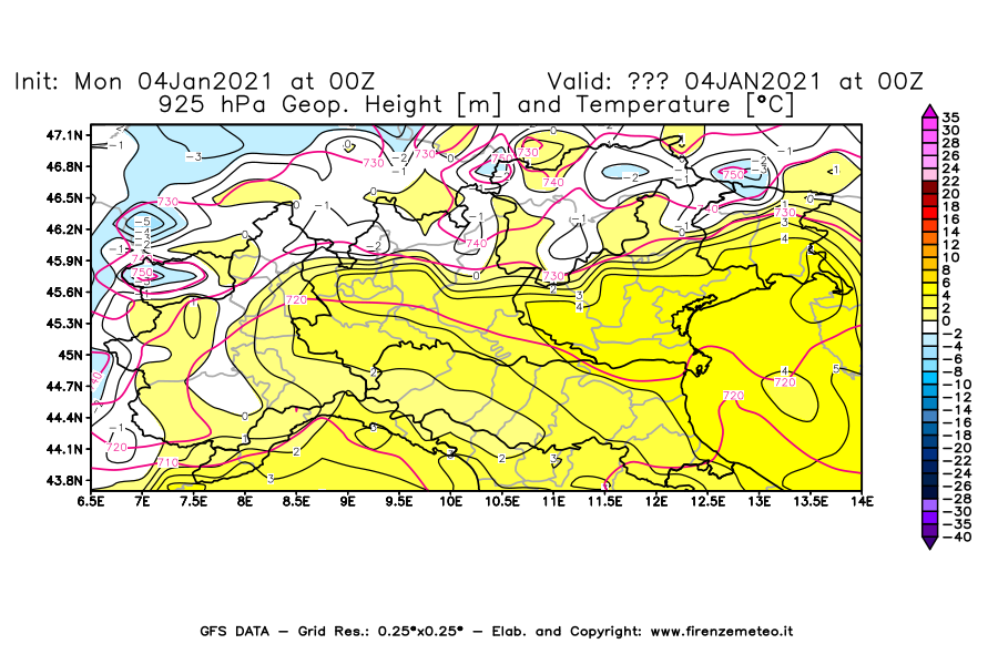 Mappa di analisi GFS - Geopotenziale [m] e Temperatura [°C] a 925 hPa in Nord-Italia
									del 04/01/2021 00 <!--googleoff: index-->UTC<!--googleon: index-->