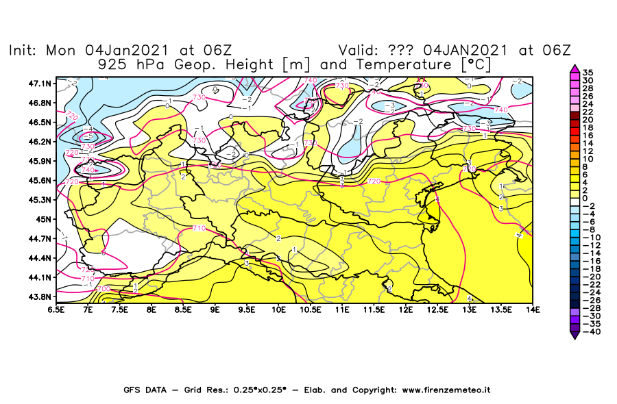 Mappa di analisi GFS - Geopotenziale [m] e Temperatura [°C] a 925 hPa in Nord-Italia
							del 04/01/2021 06 <!--googleoff: index-->UTC<!--googleon: index-->