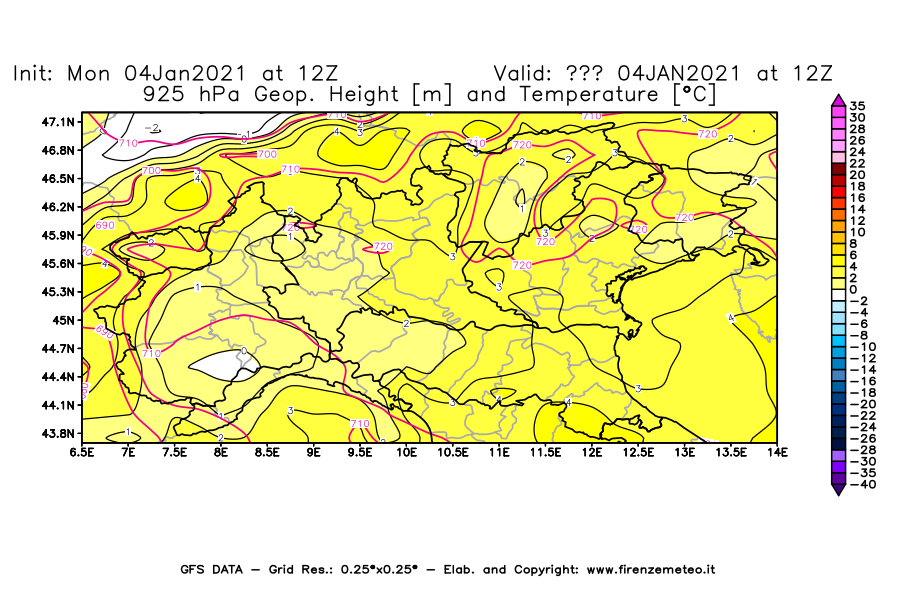 Mappa di analisi GFS - Geopotenziale [m] e Temperatura [°C] a 925 hPa in Nord-Italia
							del 04/01/2021 12 <!--googleoff: index-->UTC<!--googleon: index-->