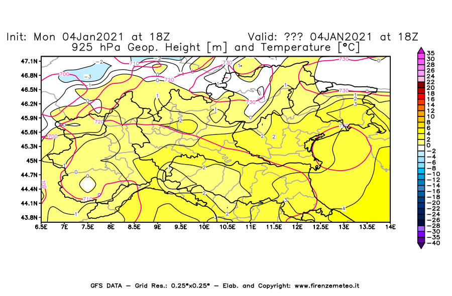Mappa di analisi GFS - Geopotenziale [m] e Temperatura [°C] a 925 hPa in Nord-Italia
							del 04/01/2021 18 <!--googleoff: index-->UTC<!--googleon: index-->