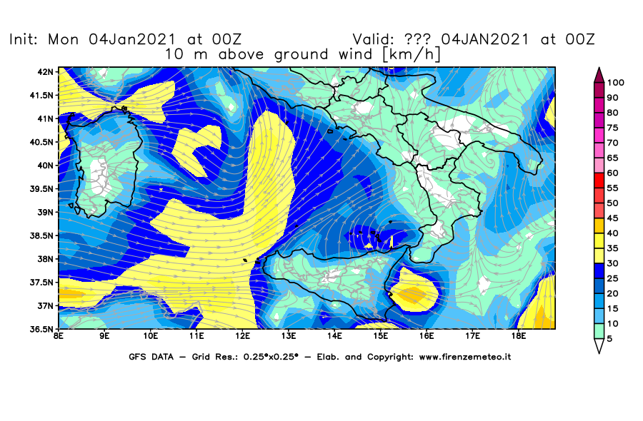 Mappa di analisi GFS - Velocità del vento a 10 metri dal suolo [km/h] in Sud-Italia
							del 04/01/2021 00 <!--googleoff: index-->UTC<!--googleon: index-->
